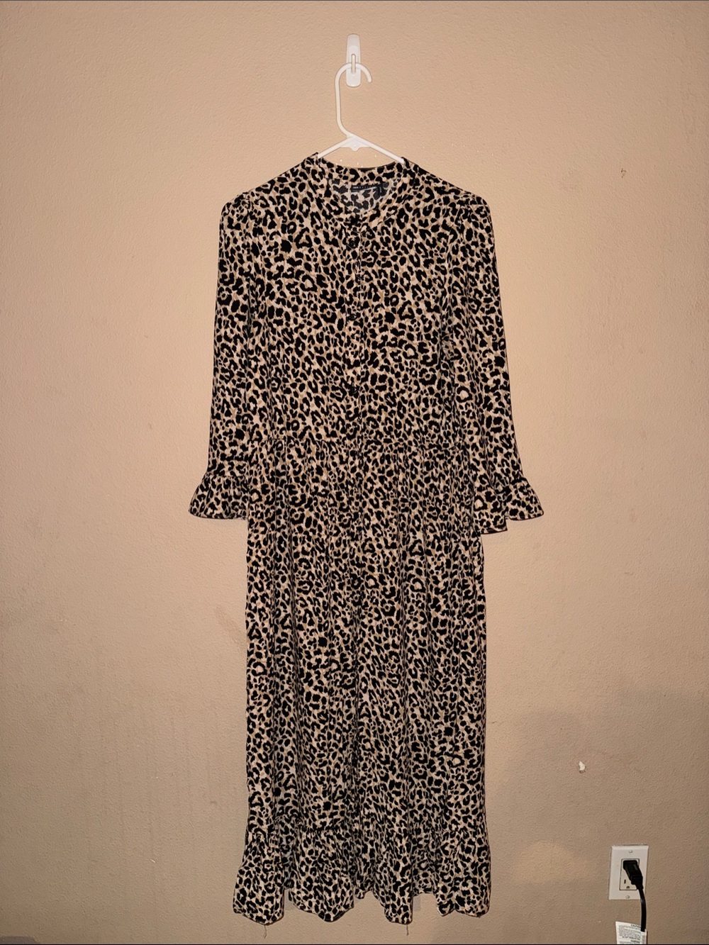 Osos Designs Full Length Button Down Leopard Print Maxi Dress - Beige and Black